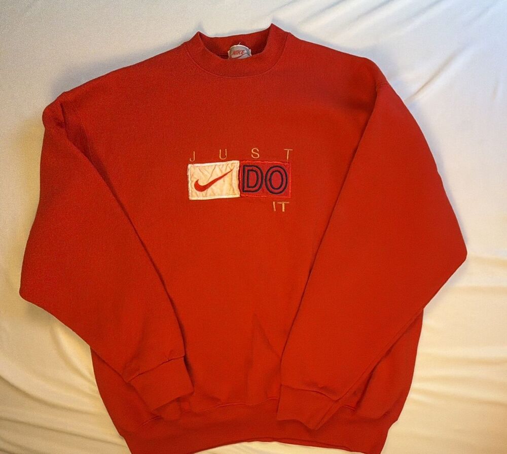 VTG 90s Nike Just Do It Block Patch Crewneck Red XL Gorpcore Bloccore Indie